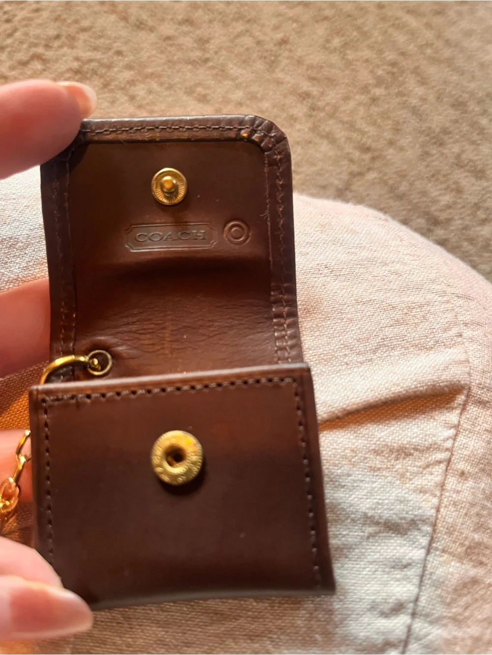 Vintage Coach Leather photo keychain Mahogany Brown with Gold Chain RARE